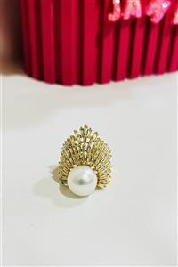 انگشتر استیل مینیمال طلایی طرح تاج و مروارید