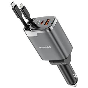 شارژر فندکی 111 وات پرودو دارای نمایشگر دیجیتال با دو پورت و کابل جمع شونده