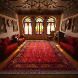 فرش ماشینی ۷۰۰ شانه تراکم ۲۱۰۰ طرح بلوچ مهتا لاکی حاشیه سرمه ای