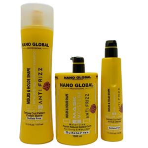 پک شامپو و ماسک داخل و بعد حمام احیا کننده نانو گلوبال مناسب موهای فر و مجعد