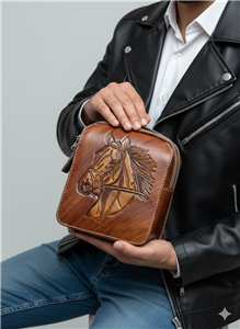 کیف دوشی چرم با حکاکی طرح اسب - چرم گابای
