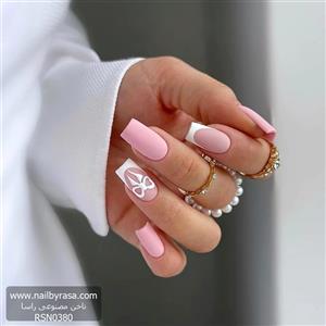 ناخن مصنوعی راسا طرح فرنچ و پاپیون رنگ صورتی فرم مربع RSH08