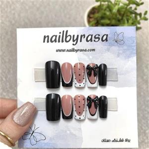 ناخن مصنوعی طرح پاپیون برجسته مشکی و فرنچ خال‌خالی براق مربعی متوسط راسا – RSN0499
