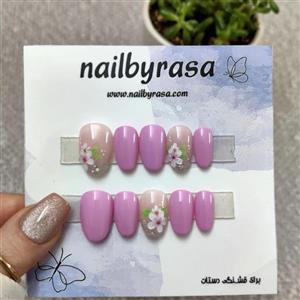 ناخن مصنوعی طرح گل بهاری و شاین ظریف بنفش صورتی براق بادامی راسا – RSN0503
