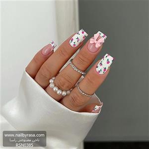 ناخن مصنوعی راسا طرح گل رز و فرنچ و پاپیون رنگ سفید و صورتی فرم مربع RSH13