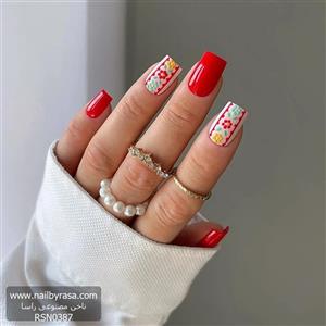 ناخن مصنوعی راسا طرح گل سنتی رنگ قرمز و هلویی فرم مربع RSH15
