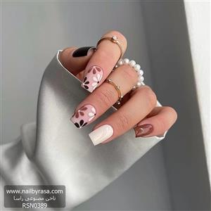 ناخن مصنوعی راسا طرح گل رنگ کرم قهوه ای فرم مربع RSH17