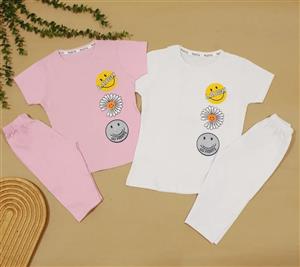 تیشرت شلوارک دخترونه پنبه ایموجی گل سایز45/50