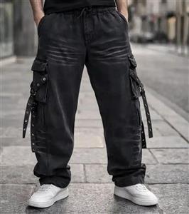 محصول فوق لوکس#شلوار جین فول بگ مشکی (Wide Leg) با جزییات بندی کارگو فوق‌العاده خفن| استایل لش استریت ۲۰۲۶ کد9702