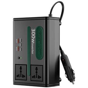 اینورتر خودرو گرین لاین، Green Lion GC-300 Car Inverter، اینورتر 300 وات خودرو، تبدیل برق ماشین به AC، اینورتر 7-in-1 Multi-Port، شارژر سریع USB-C، مبدل برق خودرو، GNGC300PINBK با گارانتی