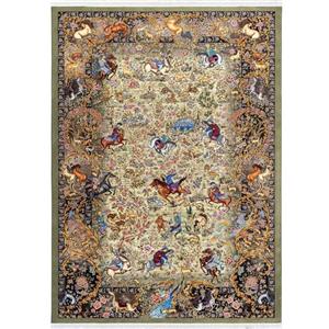 فرش ماشینی 1500 شانه محتشم زمینه سبز حاشیه خاکستری مدل شکارگاه