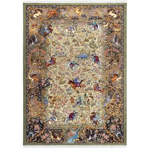 فرش ماشینی 1500 شانه محتشم زمینه سبز حاشیه خاکستری مدل شکارگاه