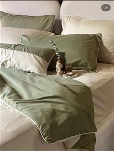 روتختی قیطون دوزی شده جنس میکرو براش ساده سبز سیج و نخودی (رنگ قیطون سفید)