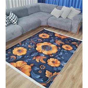 فرش ماشینی چاپی | فرشینه مخمل سرمه ای چاپی سه بعدی 9111 (پس کرایه)