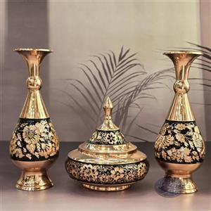 ست گلدان 25 و قندان سفینه ای مس و تراش کاظمی