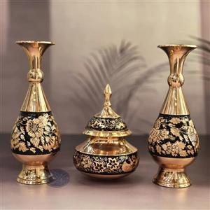 ست گلدان 25 و قندان دخلی بزرگ مس و تراش کاظمی