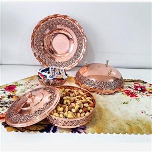 سرویس پذیرایی چهار تیکه طرح گل برجسته مسی