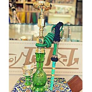 قلیان کامل برنجی یک مرتبه شش پر عمیق، شیشه تراش ریز مدادی، گارانتی 10 ساله