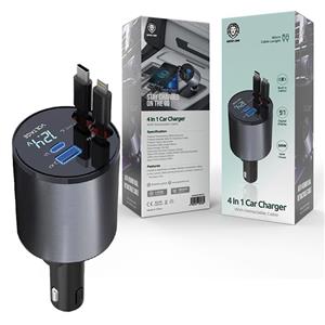 شارژر فندکی فست صفحه نمایش دار کابل متصل گرین لاین مدل Green Lion 4in1 car charger 50w