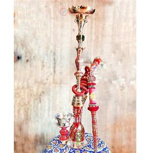 قلیان برنجی گلدان دار قرمز شش پر، شیشه طلاکاری طرح مهر آوری، 10 سال گارانتی