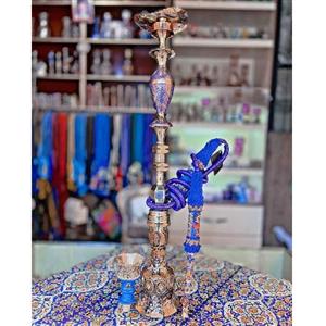 قلیان کامل برنجی شمش و گلدان هندی، طلاکاری برجسته و لوستر آبی