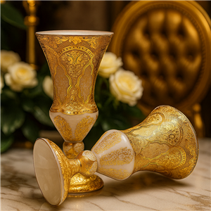 گلدان کریستال طلاکوب دستساز طرح بوهمیا چک مدل ژاکلین رنگ کرم  سایز بزرگ مجموعه دوعددی