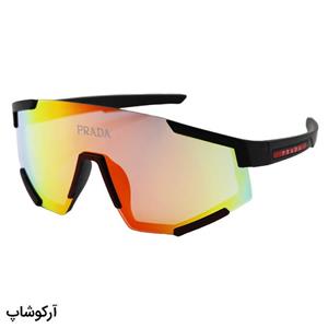 عینک ورزشی پرادا با فریم رنگ مشکی مات، لنز آینه ای و رنگ پوششی چند رنگ مدل 23053