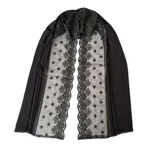 شال زنانه مدل مجلسی ساده حریر کرپ حاشیه گیپور نگین حرارتی کد ۲