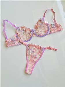 ست شورت و سوتین توری گیپوری فنردار زنانه صورتی- یاسی