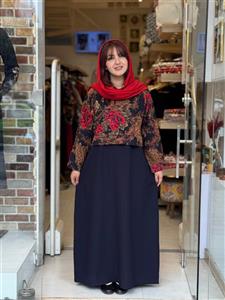ست کراپ و سارافون سین سورمه ای گل نسکافه ای قرمز