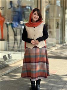 ست جلیقه دامن آذر کرم آجری چهارخونه