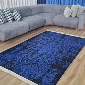 فرش ماشینی چاپی | فرشینه مخمل هازان ترک طرح لاجوردی سلطنتی آبی u178 (پس کرایه)