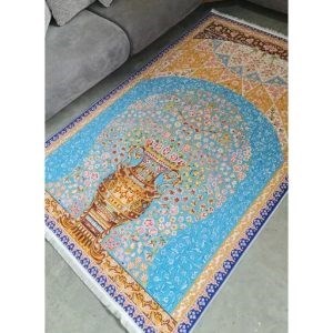 فرش ماشینی چاپی | فرشینه هازان ترک طرح گلدان آبی فیروزه ای کد A019