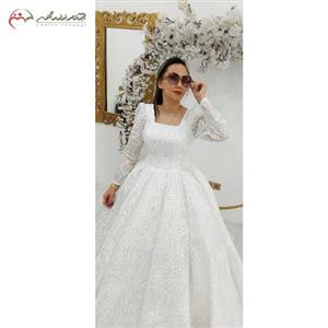 لباس عروس طرح پارچه پفکی خطی، یقه خشت