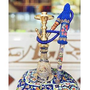قلیان برنجی سیسمونی یک تکه، شیشه تراش، لبی تمام استخوان طرح گل