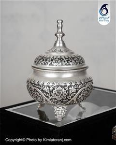 شکلات خوری شبه نقره قلم گل و مرغ پتینه قندان آب نقره با روکش و ضمانت 36 ماهه صنایع دستی کیمیاترنج 