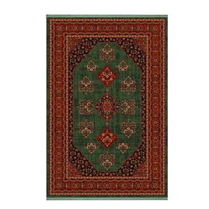 فرش ماشینی 700 شانه فرش ابریشمی کرامتیان زمینه سبز حاشیه لاکی مدل طرح بلوچی کد 5104B