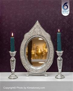 آینه شمعدان بیضی تاجدار شبه نقره قلم گل و مرغ سفید طرح نقره با روکش و ضمانت 36 ماهه صنایع دستی کیمیاترنج