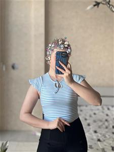 کراپ آستین پروانه ای راه راه آبی وارداتی سلیو