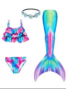 مایو پری دریایی 4 تکه وارداتی شامل بالاتنه و شورت و بال پری دریایی و تل مو از ۵ تا 12 سال باکیفیت عالی