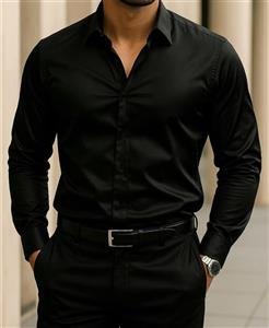 پیراهن مجلسی مشکی مردانه پارچه ساتن پنبه کش | دوخت صنعتی یقه خرگوشی