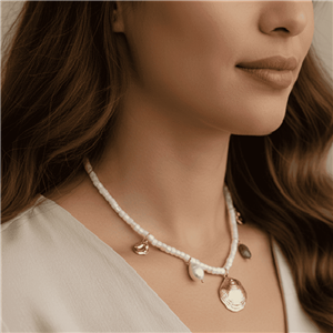 گردنبند زنانه طرح صدف با مهره‌های مرواریدی و آویز