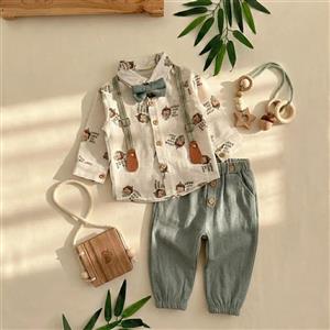 ست پسرانه ۴ تیکه وارداتی ترک بلوز شلوار به همراه پاپیون و ساس بند طرح برگ برند CARAVAN BABY