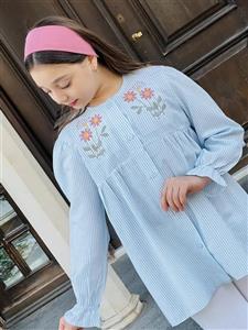 شومیز دخترانه گلدوزی راه راه دخترانه رنگ آبی و طوسی | سایز ۸ تا ۱۴ سال