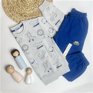 ست بلوز و شلوار پسرانه طرح حیوانات جنس دورس دو نخ لاکرا | سایز 45 تا 50