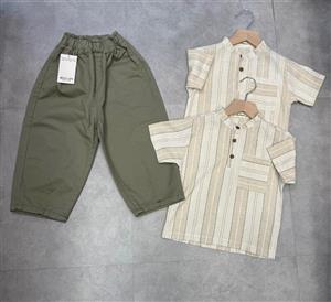 پیراهن تک پسرانه آستین کوتاه راه راه جنس لنین | سایز 2 الی 6 سال