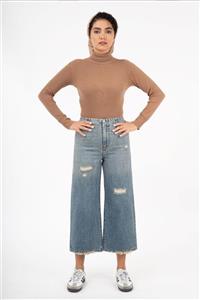 شلوار جین وایلد لگ دبل زاپ آبی وسط برفی