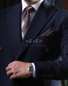 کراوات و دستمال جیب مردانه NESEN | طرح برگ قهوه‌ای T169