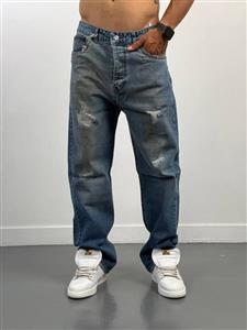 شلوار جین نیم بگ مردانه آبی زاپ دارچینی کد 204707