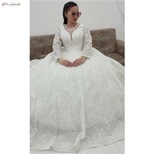 خرید، قیمت و مشخصات لباس عروس یقه خورشیدی با پارچه دونه کنجدی و بالاته پرکار از وبسایت خدمات ازدواج چترزندگی